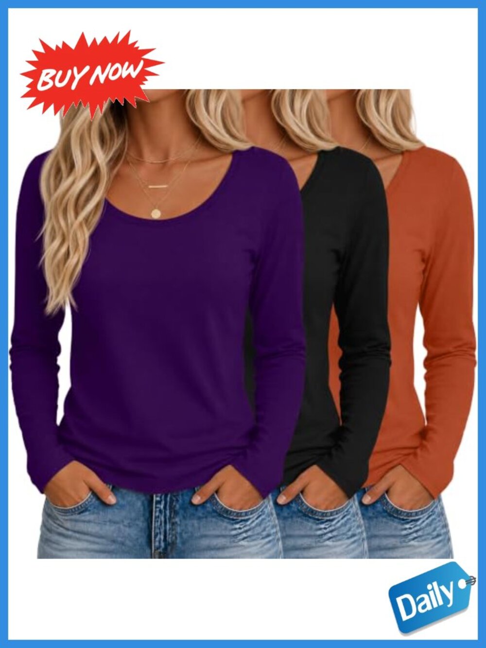 Womens Long Sleeve Scoop Neck Tops 3 Pack Lightweight Stretch Tees